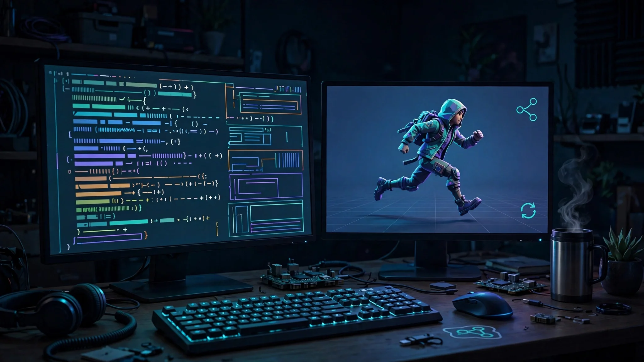 A developer workstation showing code beside a preview of a 3D game character mid-stride