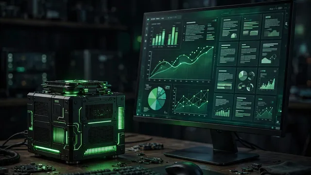 Illustration of a desktop supercomputer running an AI agent dashboard with charts and documents