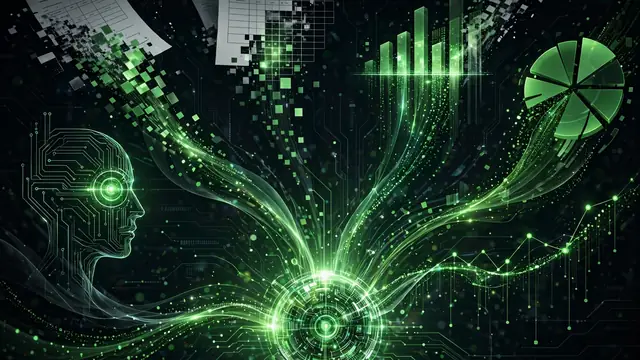 Illustration of business documents and charts transforming into streams of data feeding an AI model