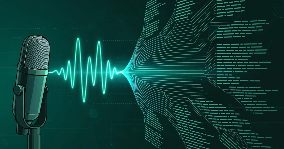 A microphone before a glowing waveform turning into multilingual transcript lines