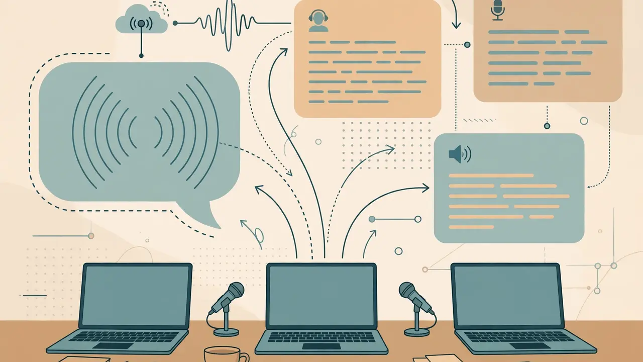A recorded meeting being turned into a labeled speaker transcript