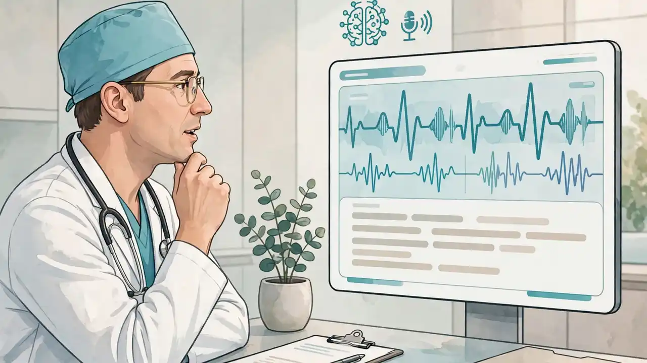A doctor dictating notes while an AI system transcribes them on screen