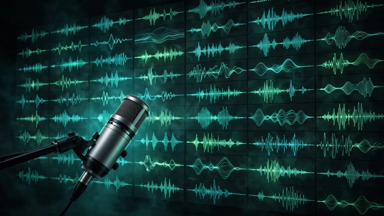 A studio microphone in front of a wall of glowing multilingual audio waveforms