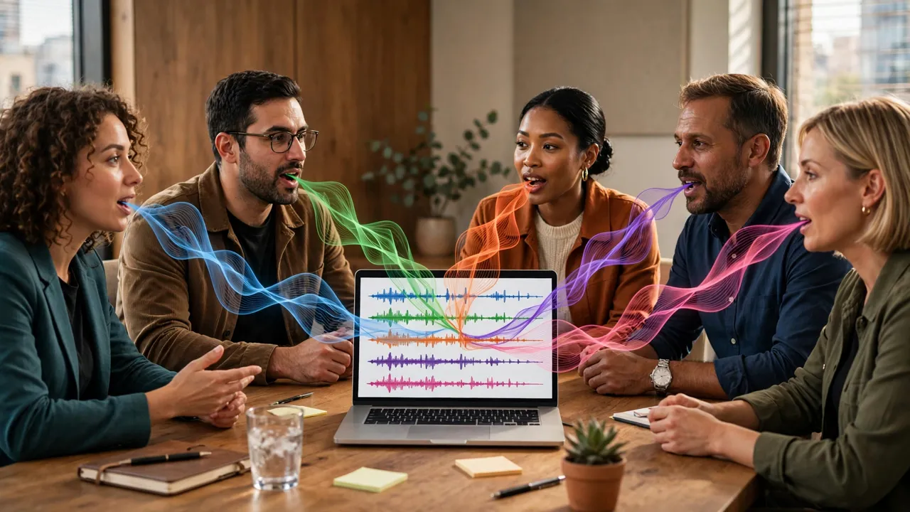 Five people in a meeting, each person’s speech shown as a differently coloured waveform flowing into a laptop