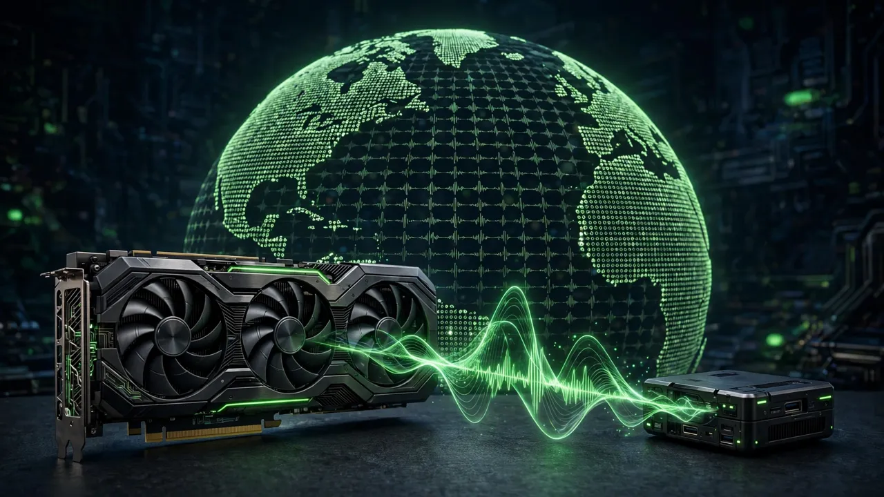 A graphics card and a small edge device exchanging a glowing sound wave in front of a globe made of waveforms