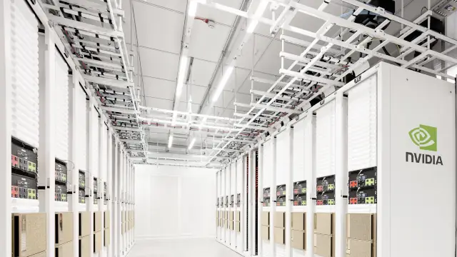 Rows of white Nvidia server racks in a modern AI data center hall