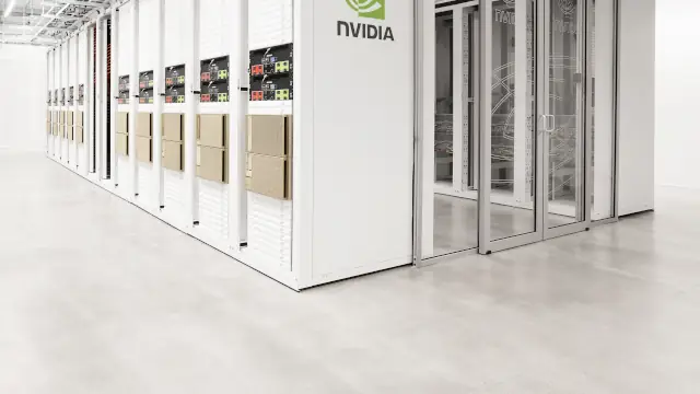 Close view of Nvidia-branded server cabinet doors with cabling in a data center