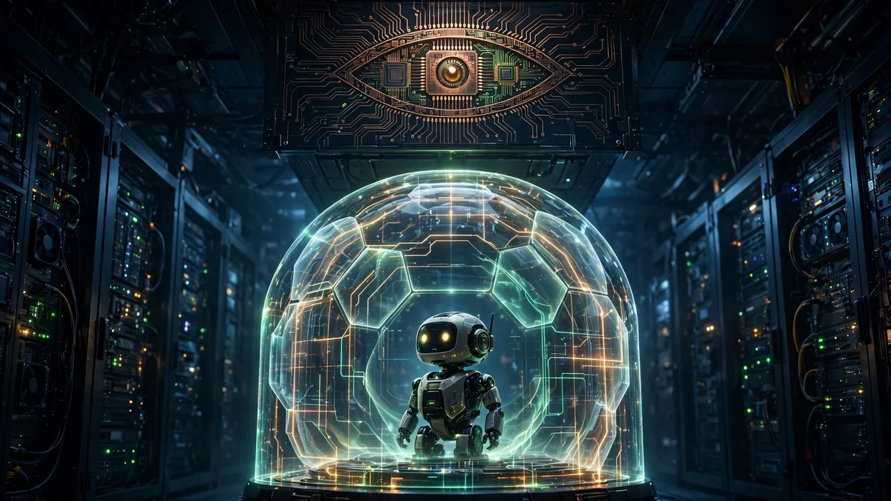 An AI agent contained in a glowing security shell in a data center, watched by a silicon eye