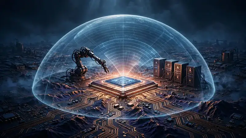 A glowing chip casting a protective dome over servers and a robotic arm