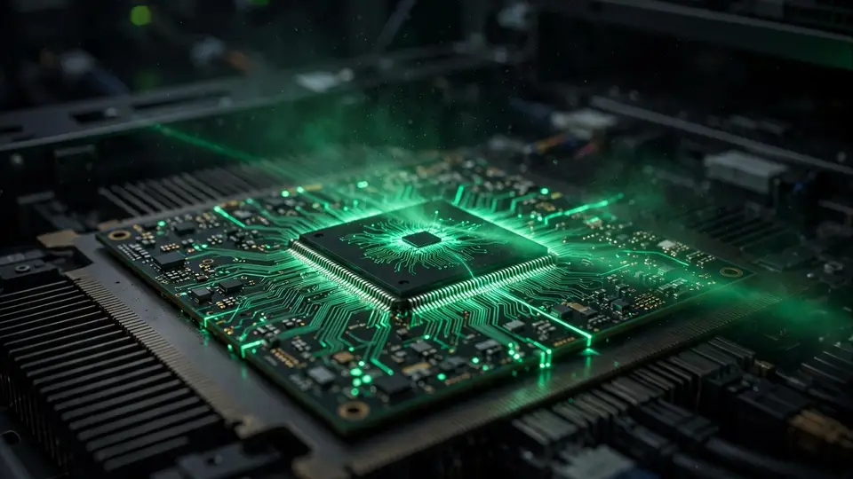 Close-up of a glowing data processing unit chip on a server blade under security scanning light