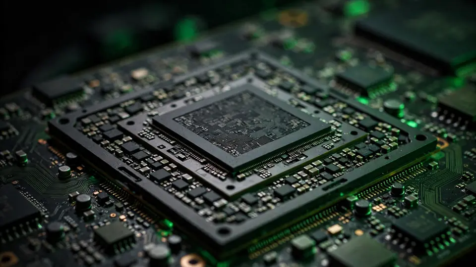 AI accelerator chip on a circuit board, green accent lighting