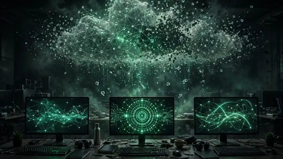 Neural network nodes breaking open above developer workstations