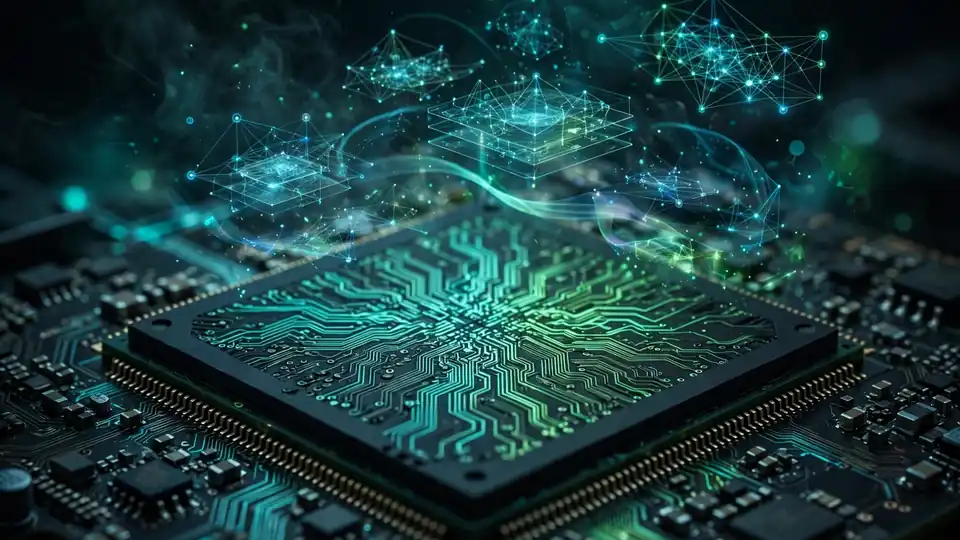 A glowing GPU chip with circuit traces and floating neural-network diagrams, representing a compact open-weights AI model running locally