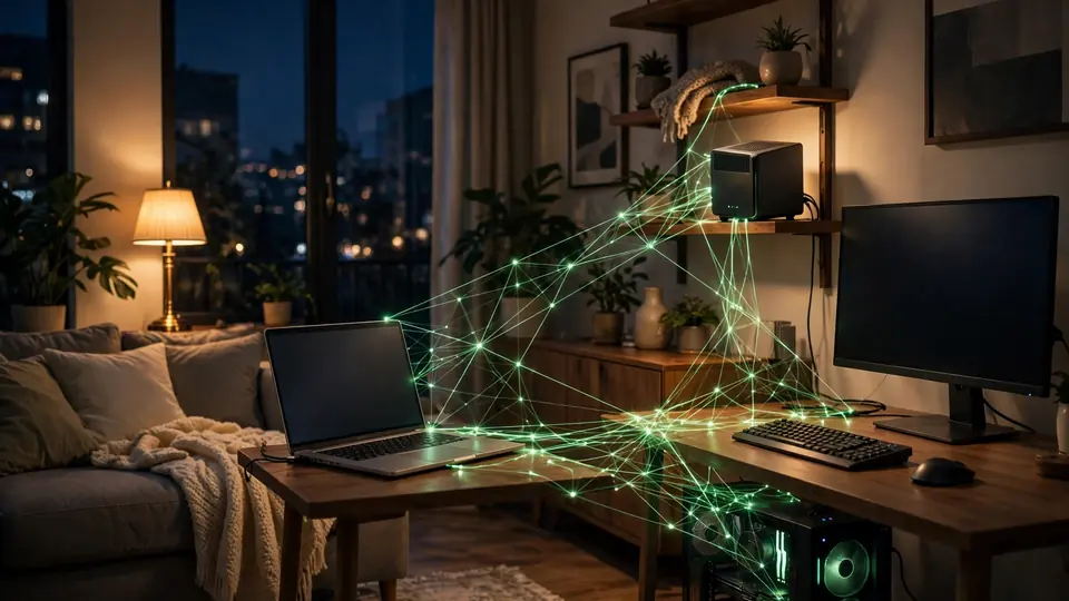 A living room at night with a desktop PC, laptop and small AI computer linked by glowing network light trails, illustrating distributed home AI computing