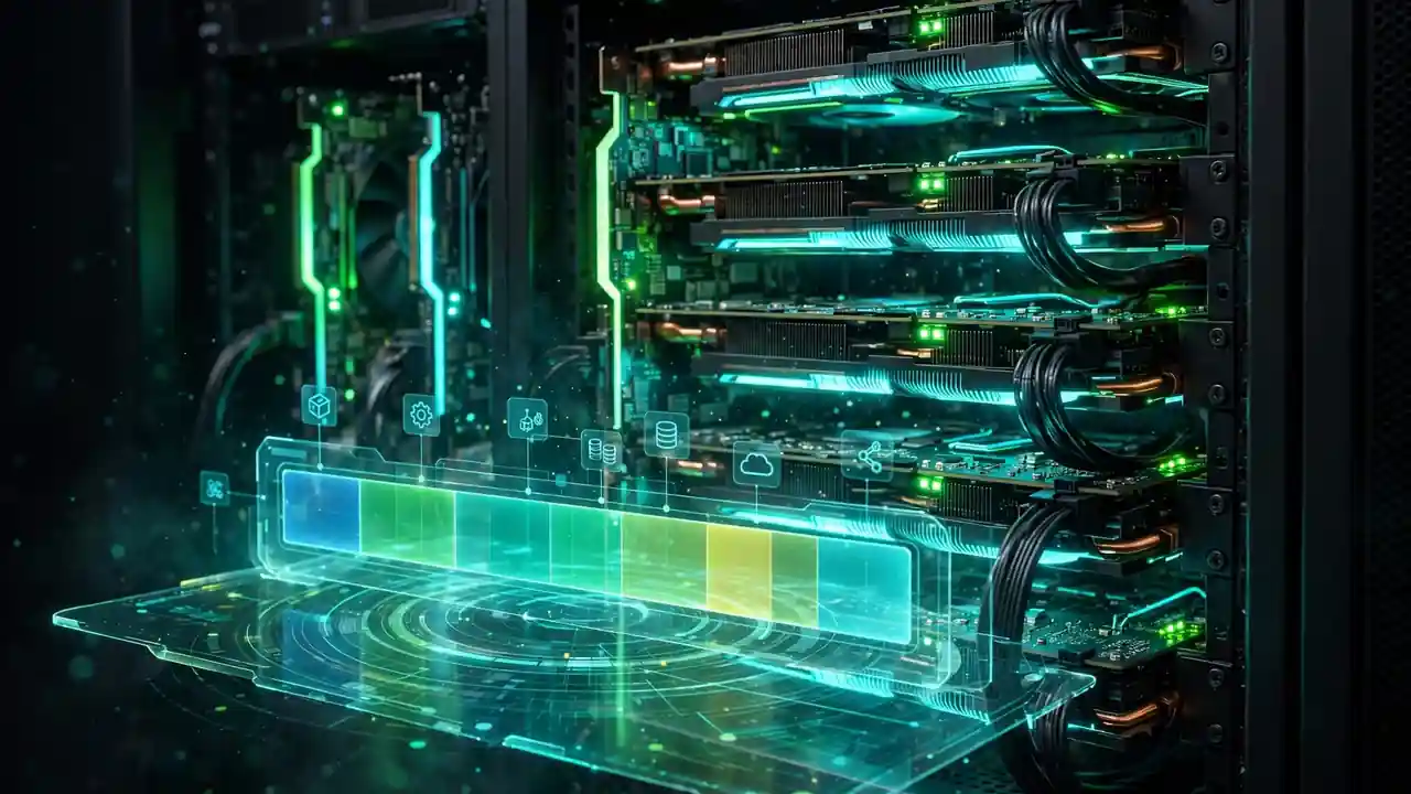 A server rack with glowing GPU boards in front of a holographic dashboard splitting one GPU into shared fractions