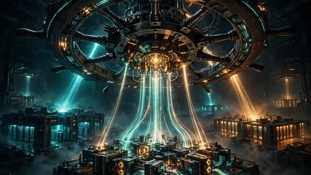 A glowing orchestrator wheel radiating streams of light from distant data centers into one central GPU cluster