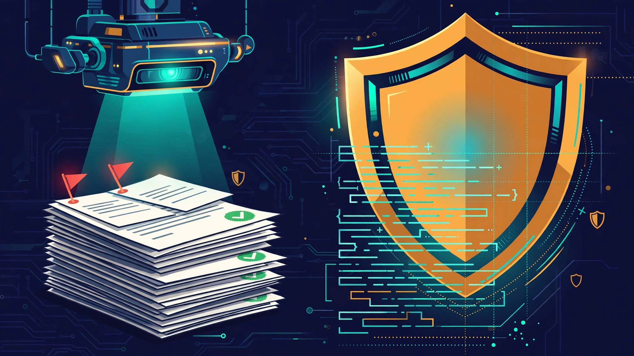A security scanner inspecting a stack of skill documents, flagging two suspicious files in red and marking the rest with green checks, beside a large shield