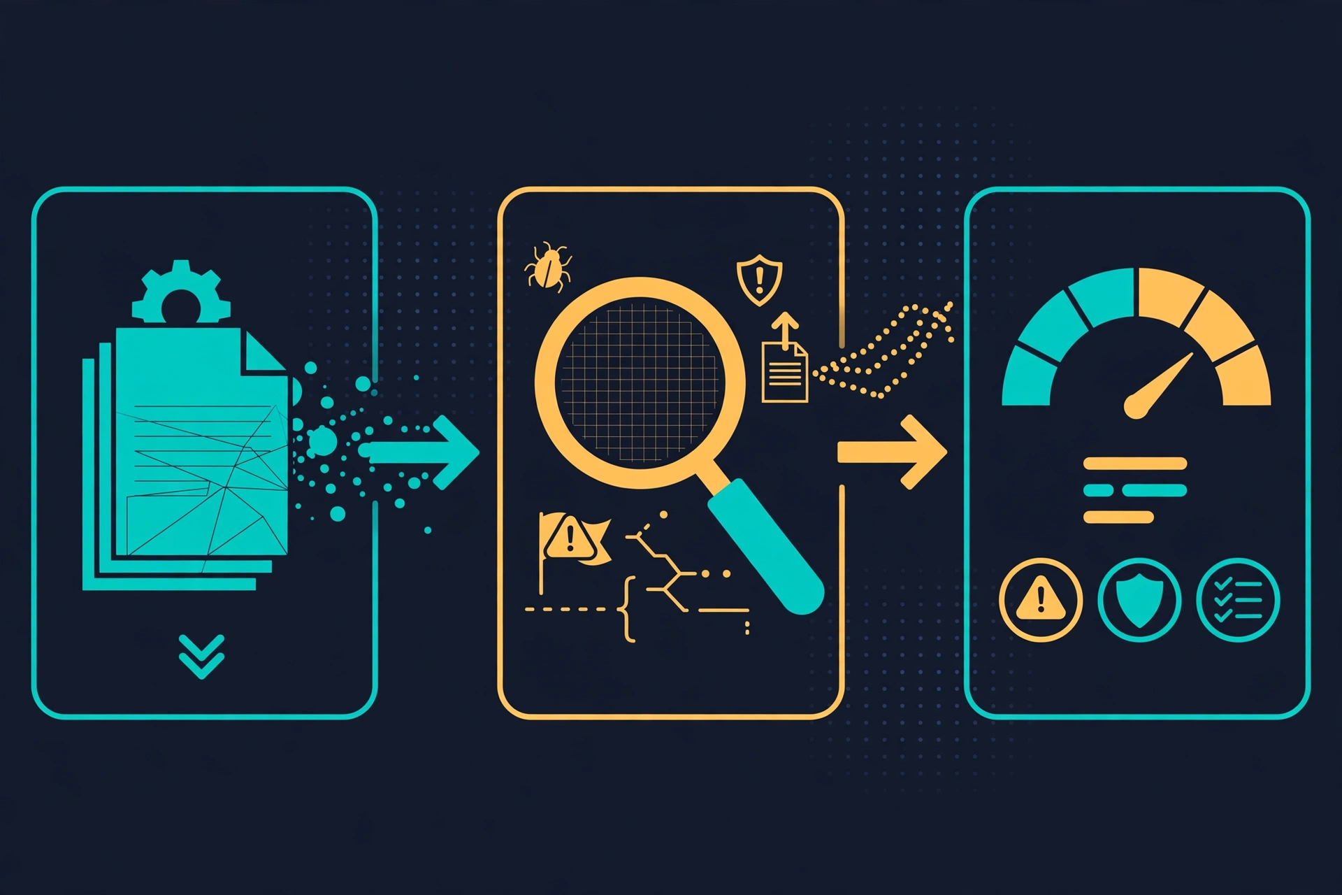 A three-stage diagram showing skill files entering a scanner, an inspection stage flagging suspicious patterns, and a risk report with a score gauge