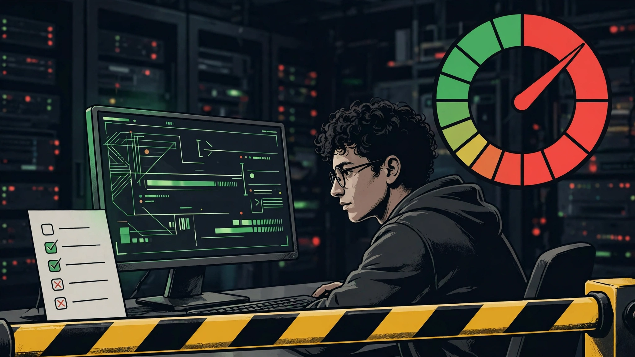A developer reviewing a security report at a terminal beside a large risk gauge in the red zone and a checklist, with a checkpoint barrier in the foreground