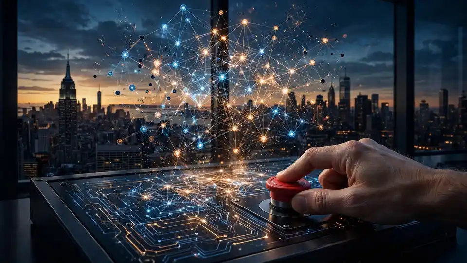 A human hand pressing an emergency stop button beneath a glowing AI network interface over the New York City skyline, editorial illustration
