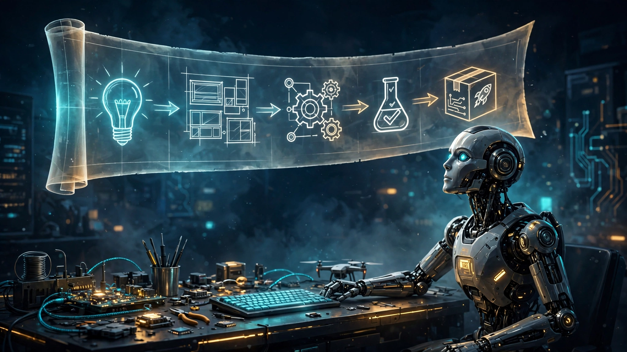 Robot programmer following a glowing methodology blueprint from idea to tested code
