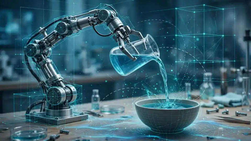 Robot arm in a laboratory pouring liquid, rendered as a real-time AI simulation with physics wireframes