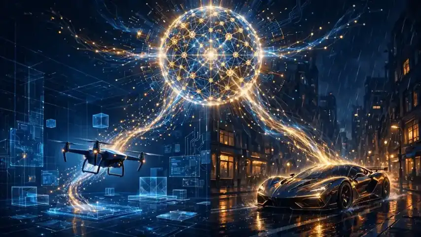 One glowing neural sphere connecting a drone and a video-game car through streams of light