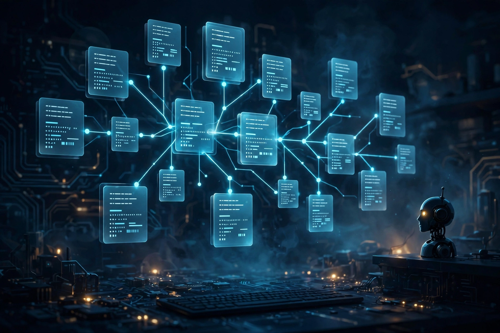 AI-generated editorial illustration: an AI agent's persistent memory as a glowing knowledge graph of markdown documents with YAML frontmatter, linked like a git branch tree, observed by a small robot head on a dark navy background