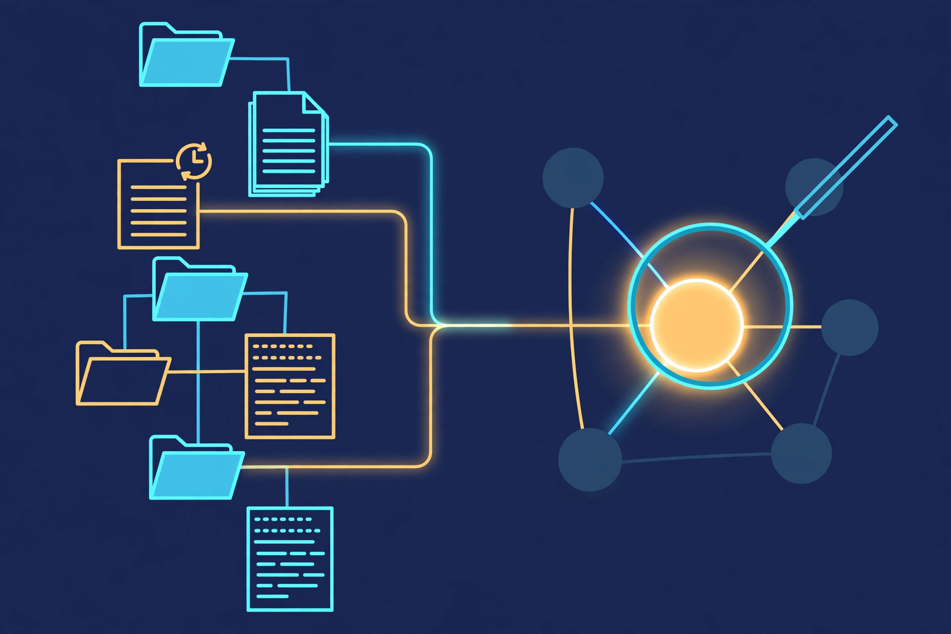 Conceptual diagram: a knowledge/ folder tree with index.md, log.md, and concept subdirectories of markdown files with YAML frontmatter, linked into a knowledge graph with a magnifier highlighting one node