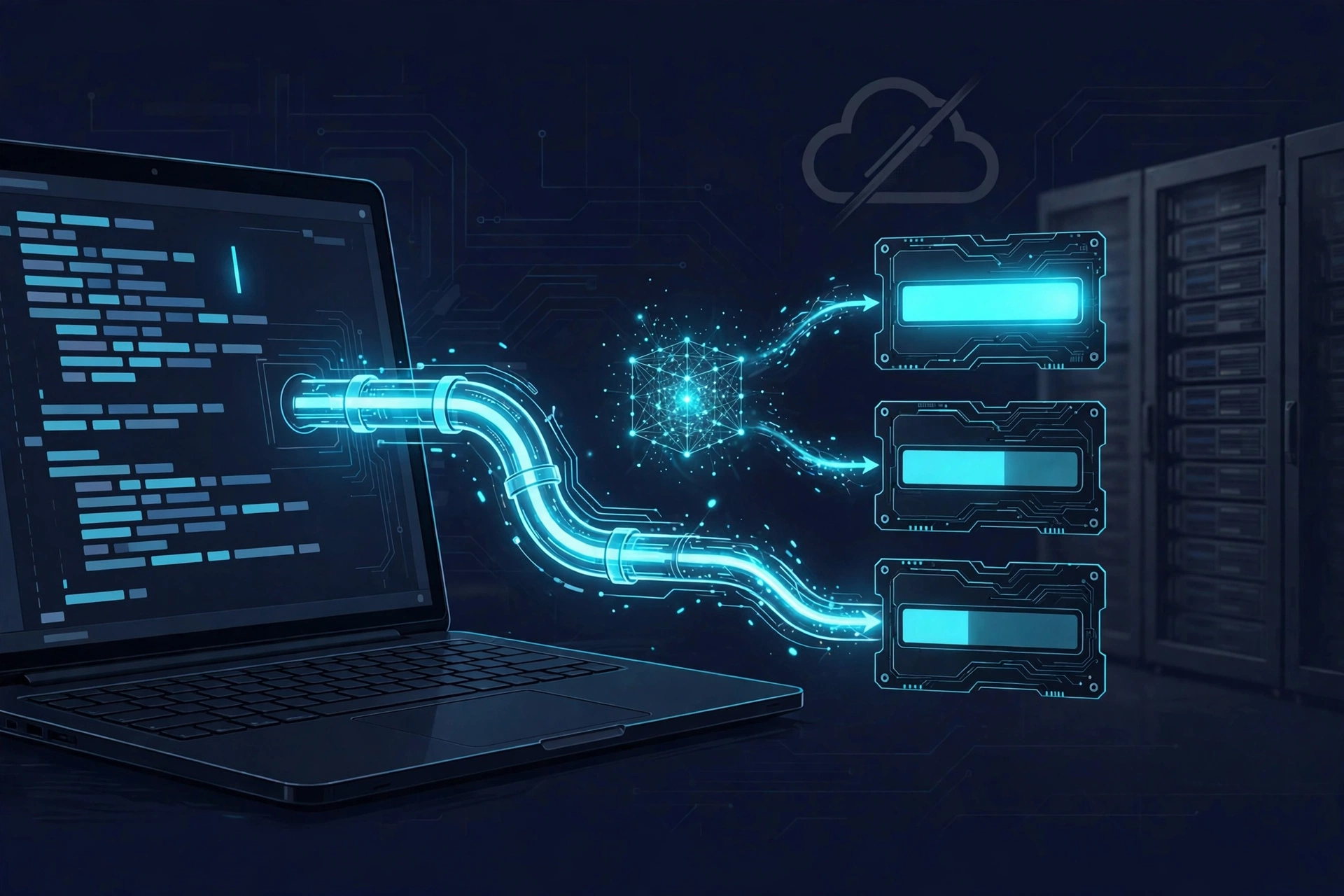 Conceptual illustration: a laptop code editor sends a question through a glowing terminal pipe to a small local binary that returns ranked memory cards, while a large unused database server fades in the background