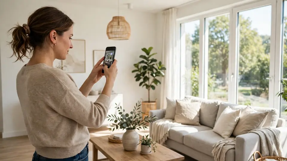 A seller photographing a bright living room with a phone to create a property listing