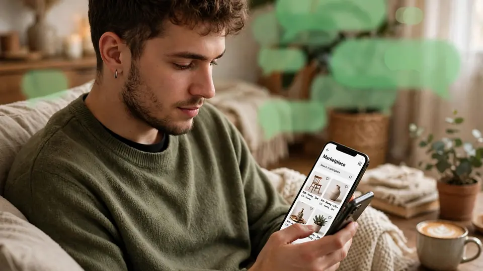 A buyer browsing marketplace listings on a phone while chatting