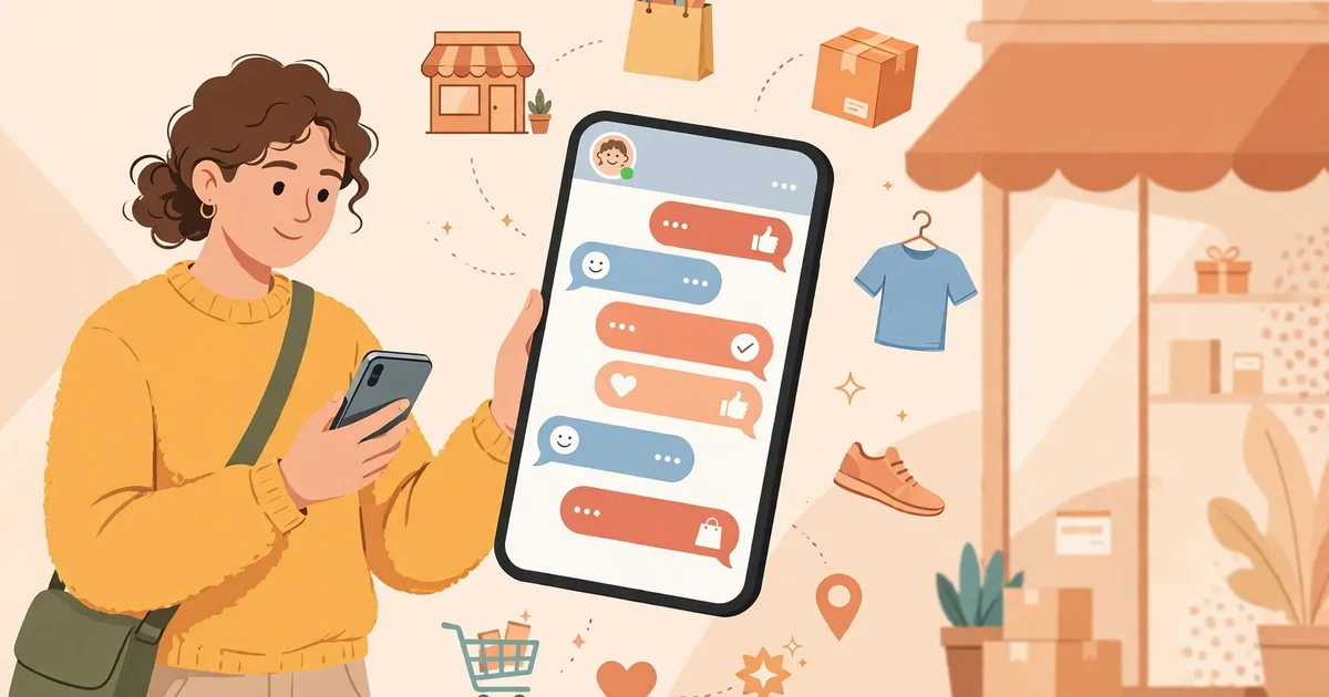 A shopper holding a smartphone showing a friendly chat conversation, with storefront and product icons floating around the phone
