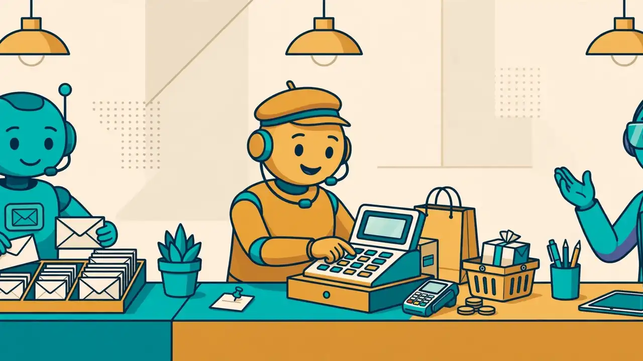 Three AI assistants working side by side at a digital counter, sorting messages, completing a sale and answering a support question