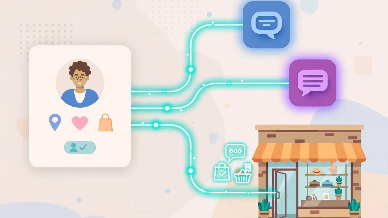A single customer profile connected to chat app icons and a physical shop, showing one conversation leading to an in-store purchase