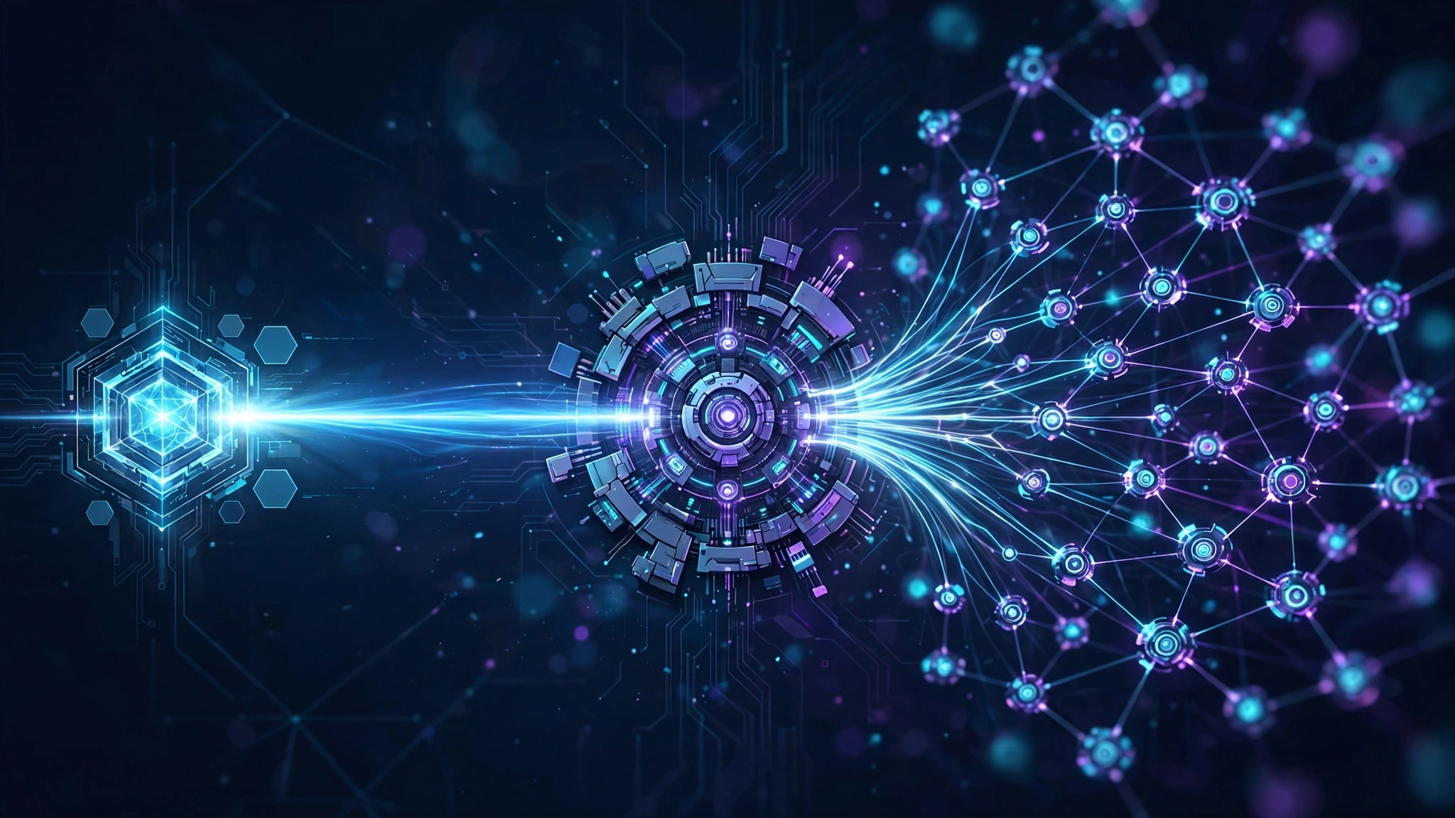 A single glowing API endpoint fanning out through a central router hub into dozens of connected AI provider nodes
