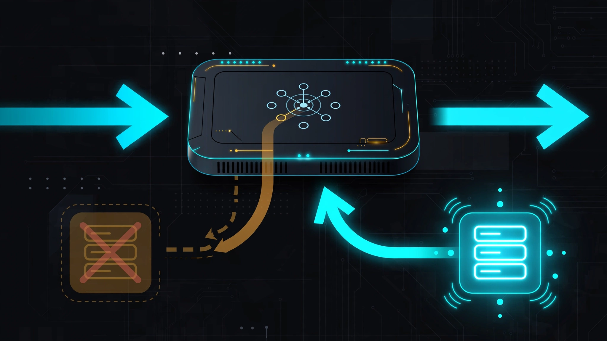 A request entering a smart router that skips a failed provider node and redirects to a working one