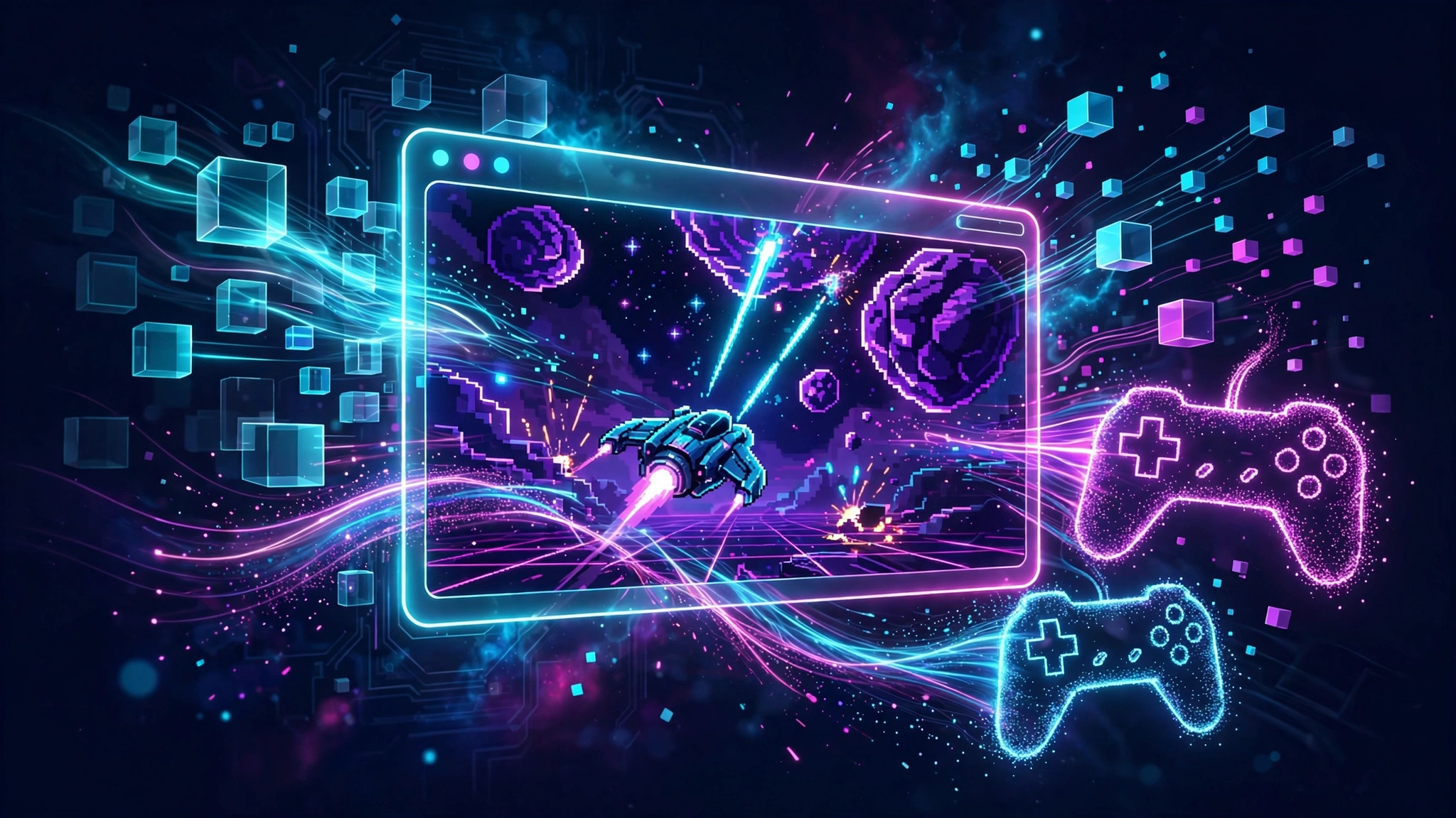 Editorial illustration: a glowing browser window showing a neon arcade space shooter being assembled from code and pixels
