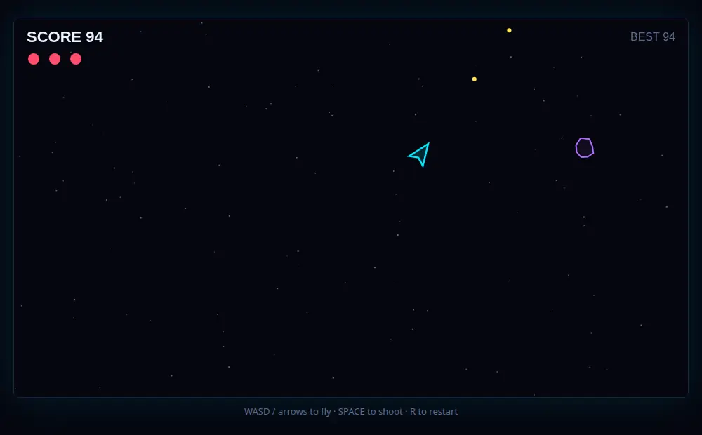 Gameplay screenshot of Neon Drift, the neon arcade shooter built for this tutorial: a glowing cyan ship dodging purple asteroids with a score HUD