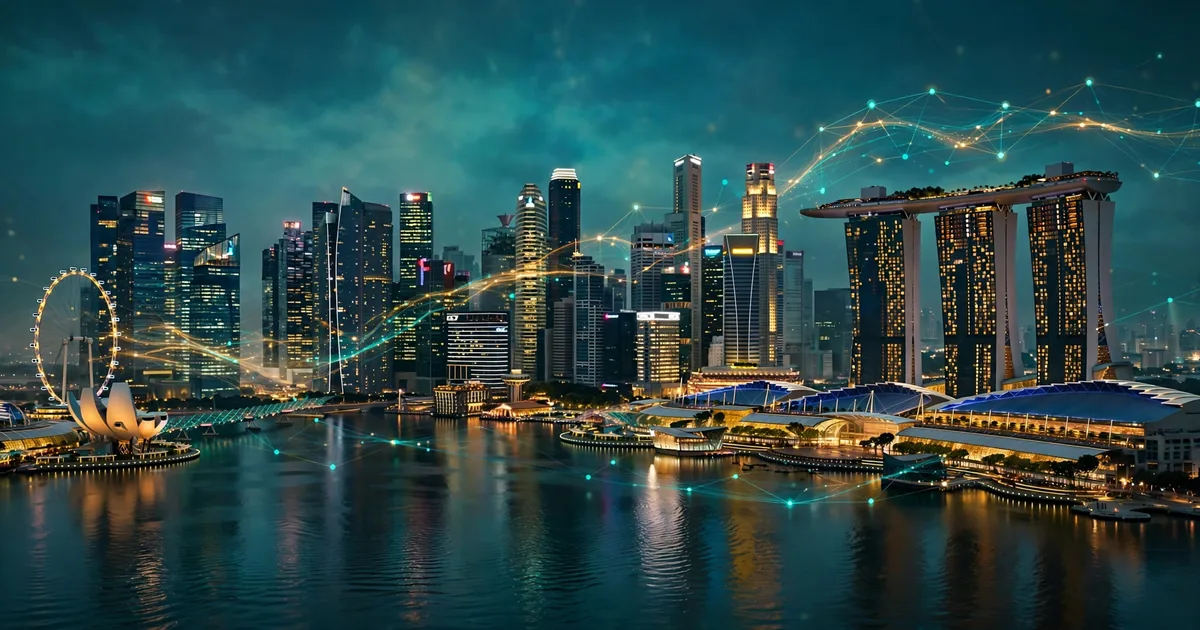 Singapore's Marina Bay financial district at dusk with a glowing AI network overlay.