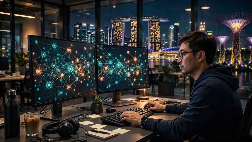 An engineer monitoring an AI agent orchestration dashboard in a modern tech office at night.