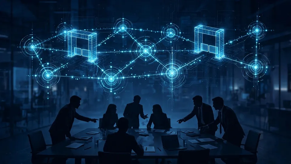 AI agents visualized as governed network nodes with checkpoint gates above a business meeting.