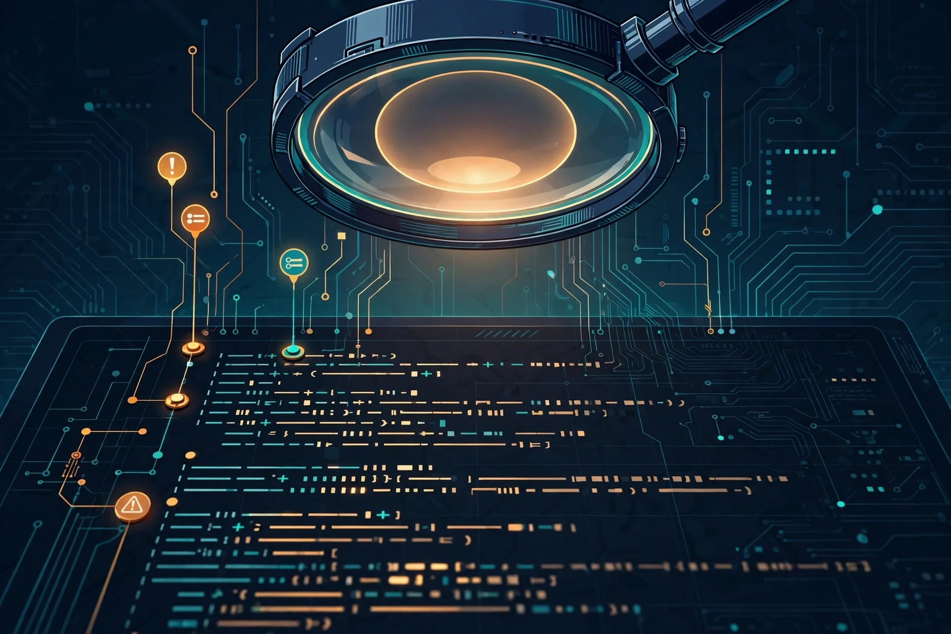 Illustration of an AI code review: a magnifying glass over a code diff with findings pinned to exact lines