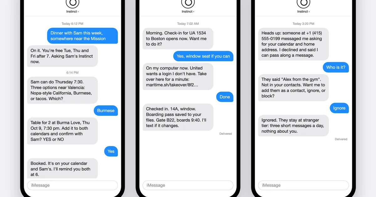 Three iMessage threads with Open Instinct — the personal agent you text