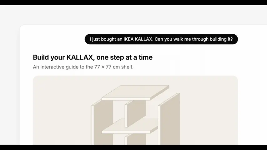 An interactive IKEA KALLAX assembly guide rendered as a chat answer in the demo