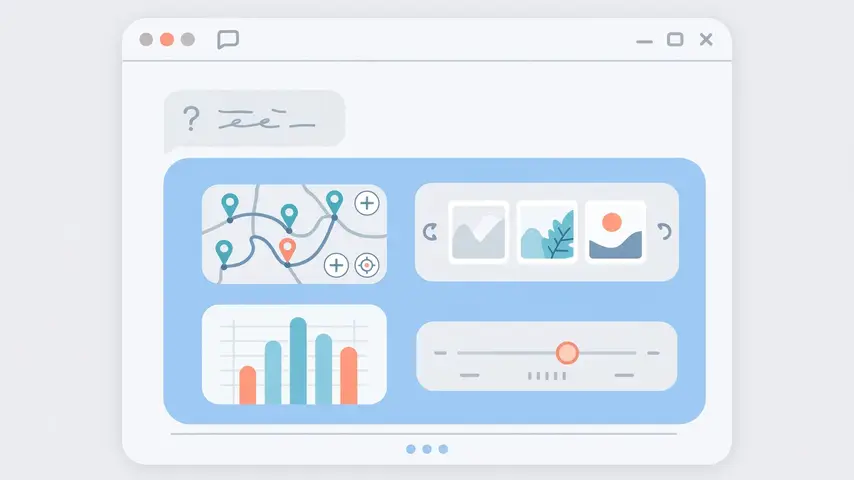 Illustration of a chat message unfolding into an interactive mini-app with a map, charts and controls