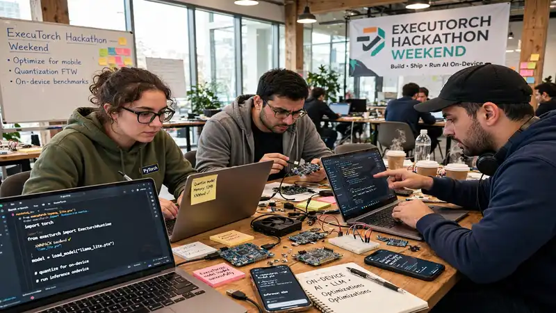 Illustration of developers building on-device AI at an open-source hackathon