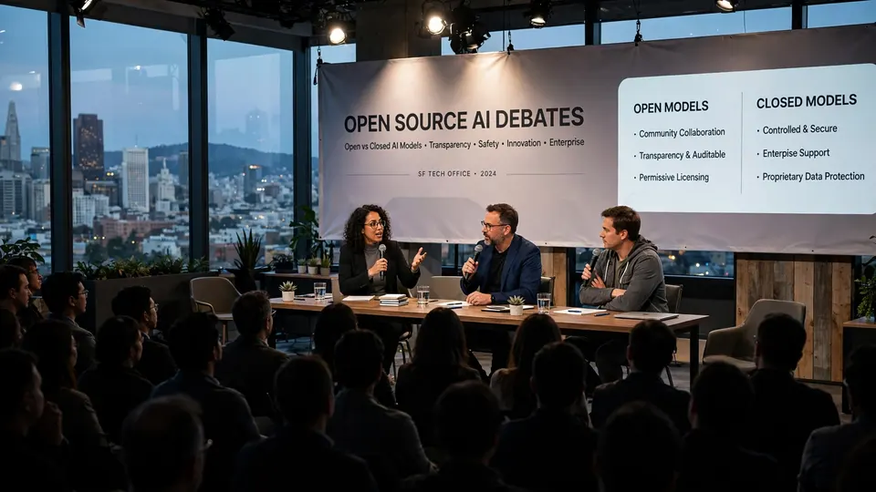 Illustration of panelists debating open versus closed AI models on a San Francisco stage