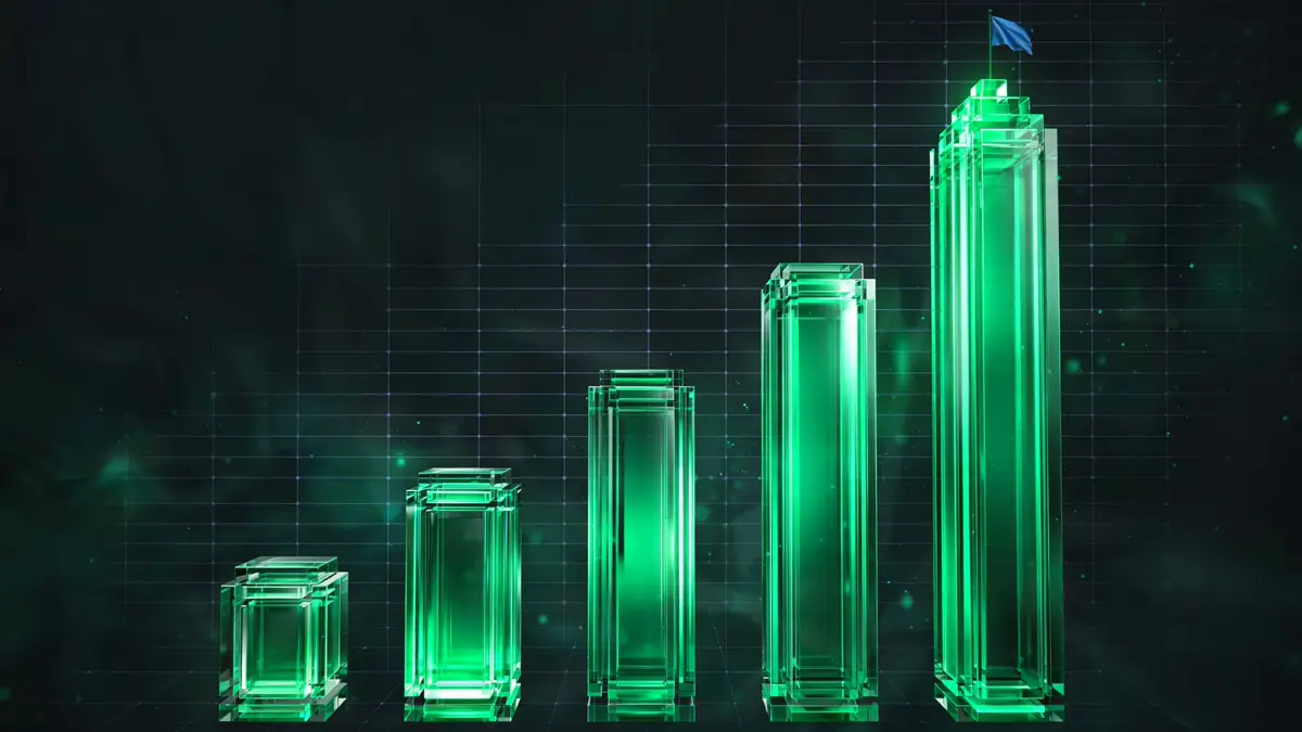 Editorial illustration: glowing green ascending bar charts as glass towers on a dark background, a small blue flag planted on the tallest tower