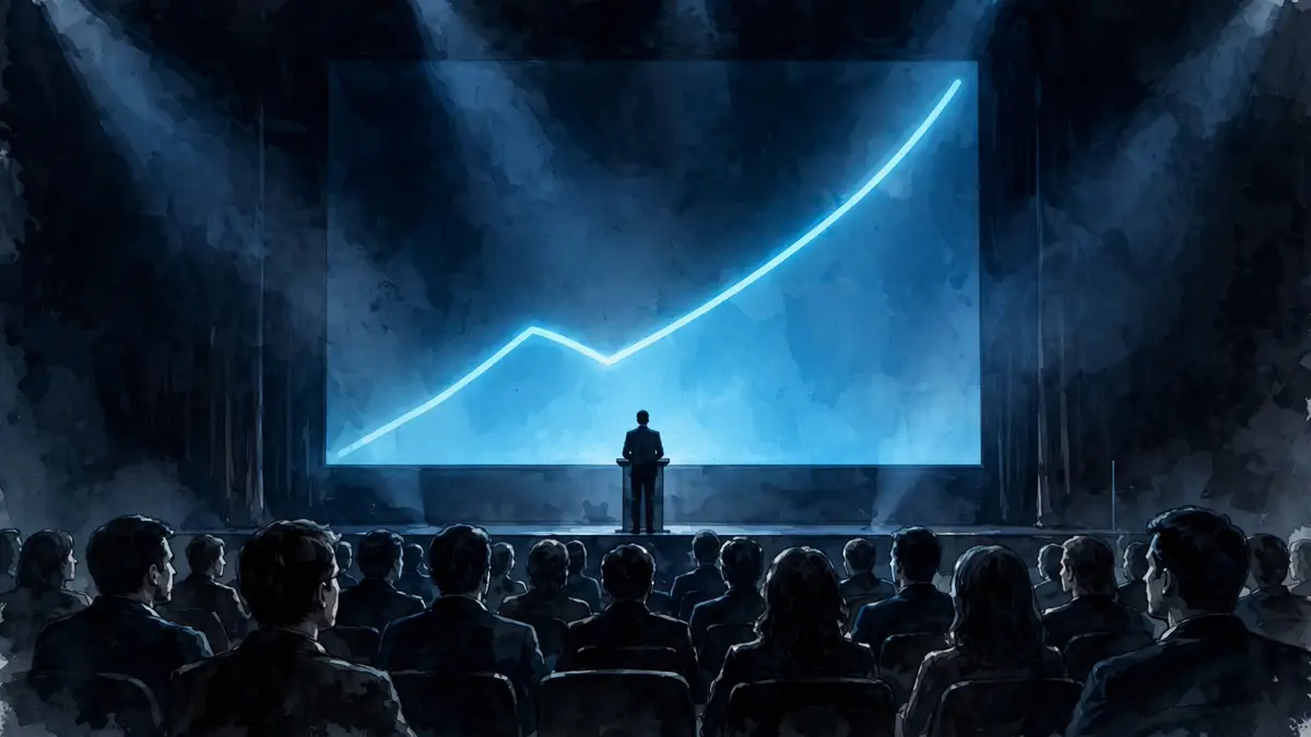 Editorial illustration: a lone silhouetted speaker at a podium on a dark keynote stage before a huge glowing screen with an ascending chart